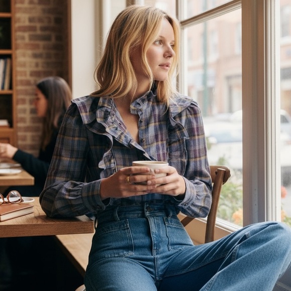 Sézane Jane Shirt in Blush Check Print FR 36 / US 4 - Picture 6 of 8